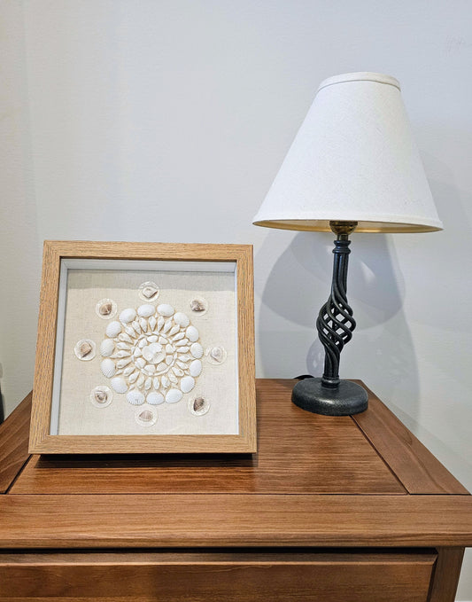 Ark, White Nassa & Cay Cay Shells on Linen 9x9